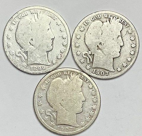 Lot Of 3 Barber Half Dollars - 1899-O, 1907-O, 1907-D G Details - All Cleaned Cover