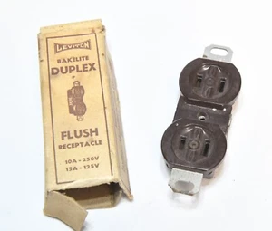 VINTAGE NOS LEVITON BAKELITE DUPLEX FLUSH RECETACLE OUTLET W/ ORIGINAL BOX - Picture 1 of 5