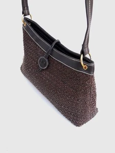 Etienne Aigner Dark Brown Woven Body w Brown Trim Three-Compartment Shoulder Bag - Picture 1 of 12