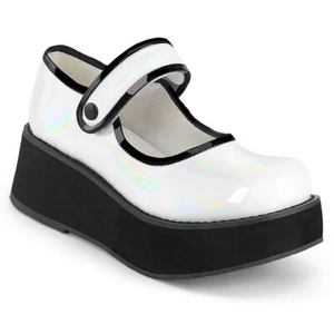 SPRITE-01 Damenia Gothic Damen Mädchen Riemen Plateaupumps Schuhe weiß Holo Lack - Picture 1 of 1