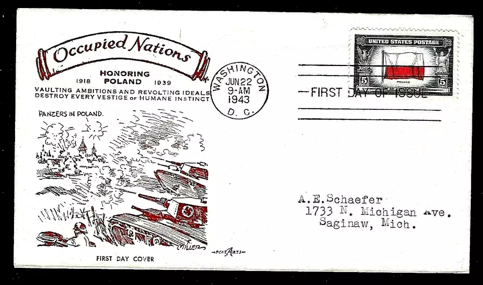 909 5c Stamp (1943) THE POLAND WWII FDC - OCCUPIED NATION - THE 1ST PENT ARTS !! - Image 1 of 1