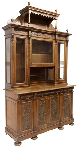 Sideboard, Italian Foliate & Figural, Carved Walnut, Foliates,  Glass,  1800s!! Cover