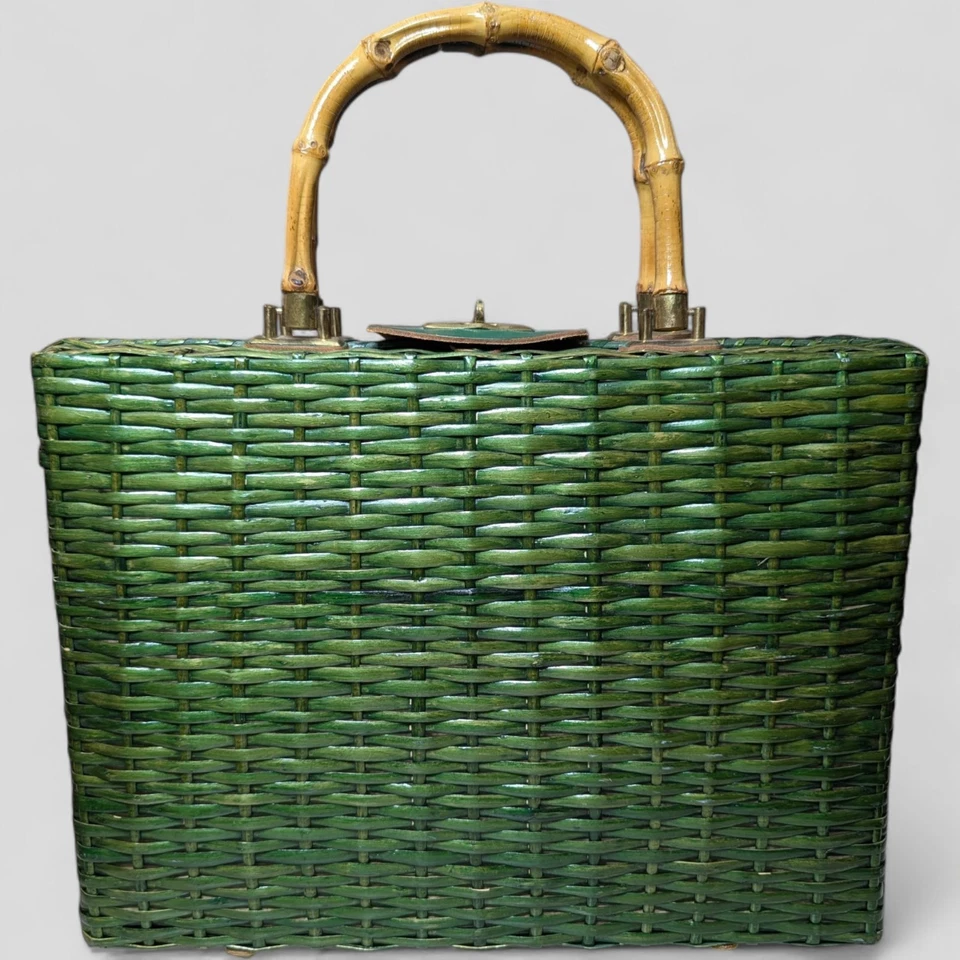 Vintage Green Wicker Rattan Satchel Briefcase Purse Bamboo Handle  14"X10" MCM - Image 1 of 4
