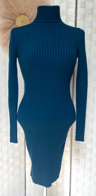 Wolford Virgin Wool Blue Green Ribbed Turtleneck Midi Dress Size XS FXT - Image 1 of 4