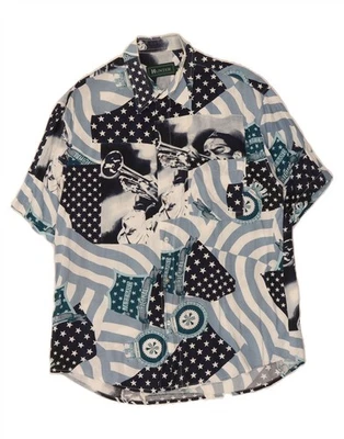 HUNTER Mens Graphic Short Sleeve Shirt Large Blue Patchwork Rayon DJ02 - Image 1 of 3