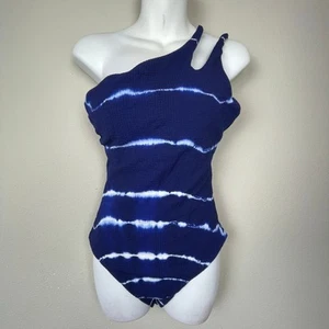 BECCA Blue White Striped Ribbed High Neck One-Piece Swimsuit Size L Tie Back - Picture 1 of 6