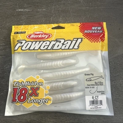 Berkley Power Baits 5 pulgadas hierba cerdos 1 blanco perla 2 cromo violeta nuevo en paquete Foto 1 de 4