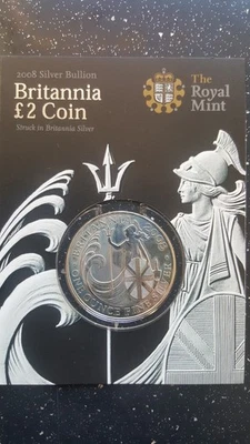2008 £2 BRITANNIA ELIZABETH II 1oz FINE SILVER Two Pounds Coin in Folder UNC - Image 1 of 2