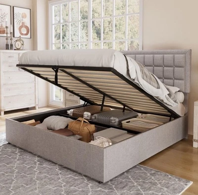 Cama queen size estofada plataforma estrutura com armazenamento elevatório e cabeceira - Imagem 1 de 2