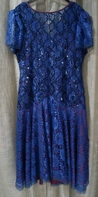  Vestido Hampton Nites Talla 16 Azul y Granate En Capas Cinta Negra y Lentejuelas Leer Foto 1 de 4