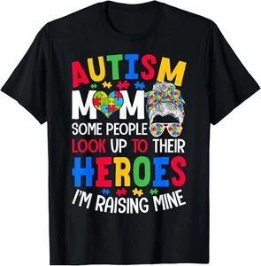 Autism Mom Raising Hero Groovy Messy Bun Autism Awareness T-Shirt - Picture 1 of 5