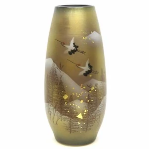 Kutani Pottery Flower Vase Grove Crane Kinsai Gold Winter Made In Japan - Picture 1 of 7