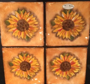 Set four square Clay Art 70’s Style Hand Painted Tuscan Sunflower salad plates - Picture 1 of 3