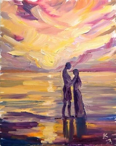 Original Sunset Couple Oil Painting 12x10 – Romantic Gift, Signed OOAK Art - Picture 1 of 5
