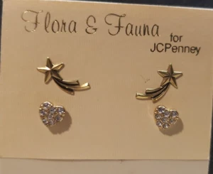 NUEVOS ARETES CORAZÓN CRISTAL ESTRELLA FUGAZ TONO DORADO JCPENNEY 2 PARES FLORA Y FAUNA - Imagen 1 de 4