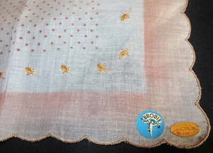 Vintage Hankie Embroidered Floral Polka Dot Center BRODIE Scalloped Switzerland - Picture 1 of 3