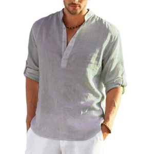 Para Hombres Algodón Lino Camisas de Playa Verano Abuelo Sólido Informal Camiseta Blusa Prendas para el torso - Imagen 1 de 21