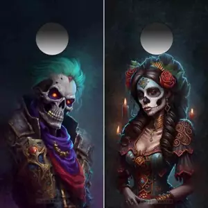 Paquete de 2 calcomanías de vinilo Mr Deadly & Lady of the Dead Cornhole Board Wraps SOLO Muertos - Imagen 1 de 5