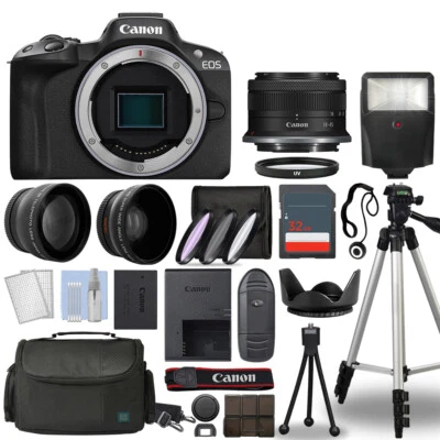 Canon EOS R50 Mirrorless Camera Black + 3 Lens Kit 18-45mm + 32GB + Flash & More - Image 1 of 4