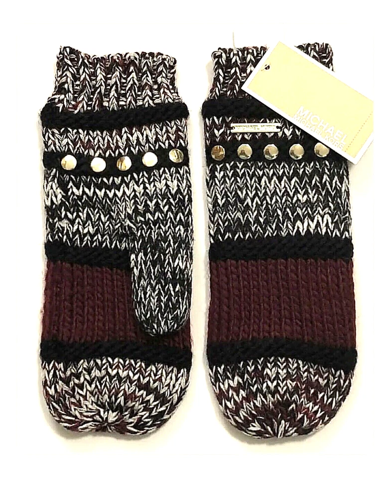 Michael Kors Women’s Cold Weather Studded Mittens Burgundy Black Cream OS