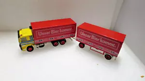 1/87 HO Train Scale herpa Scania Truck & Trailer Unser Bier Kommt Red / Yellow - Picture 1 of 4
