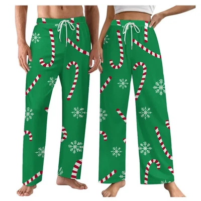 Pantalones de pijama de Navidad, verdes con bastones de caramelo y copos de nieve para comodidad navideña Foto 1 de 3