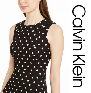 NWT CALVIN KLEIN Sleeveless Polka-Dot Black Seamed Fit & Flare Midi Dress Sz 4 - Picture 1 of 17
