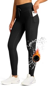 Women's High Waisted Fleece Lined Leggings with Pockets Water Resistant Pants - Picture 1 of 107