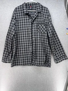 Hanes Mens Button Down Size L Collared Black Plaid Pockets Long Sleeves - Picture 1 of 7