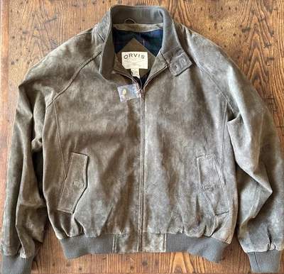 New Orvis Men's Suede Leather Bomber Jacket Full Zip Plaid Lined Golf L Olive - Image 1 of 4
