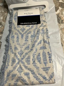 MAINSTAYS 50" X 60" KNIT THROW FRINGE TRIM SAVINE IKAT-PLACID BLUE - Picture 1 of 2