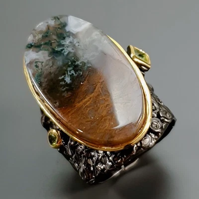Gemstone 38 ct+ Natural Moss Agate gem Ring 925 Sterling Silver Size 8 /R424005 - Image 1 of 4