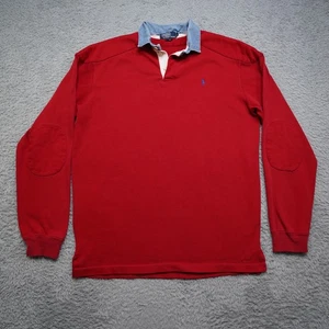 Vintage 80s Polo Ralph Lauren Rugby Shirt Mens L Red Elbow Shoulder Pads Denim - Picture 1 of 12