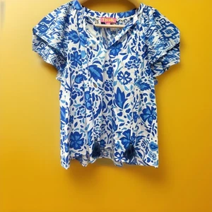 THML blau Blumendruck Puff Rüschenärmel Quaste Top Größe Medium - Bild 1 von 12