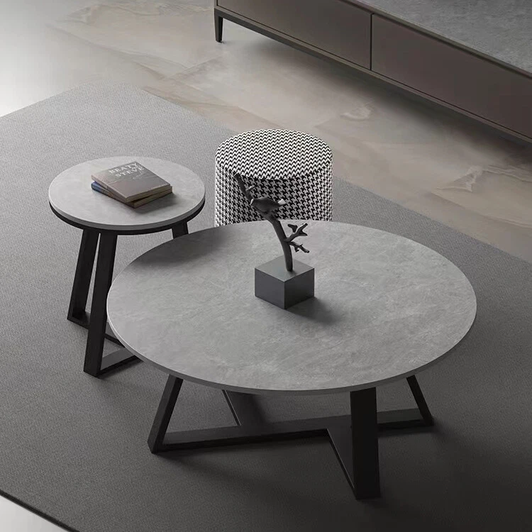 Set of 2 Modern Nesting Coffee Table Round Accent Cafe Table Grey Sintered Stone - Image 1 of 4