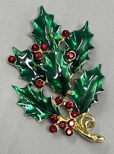 Christmas Holly Leaf Green Enamel Brooch Red Glass Rhinestones Holiday Pin 2.5"