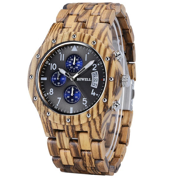 Reloj para hombre Bewell W109D esfera gris y azul correa marrón cronógrafo madera  Foto 1 de 1