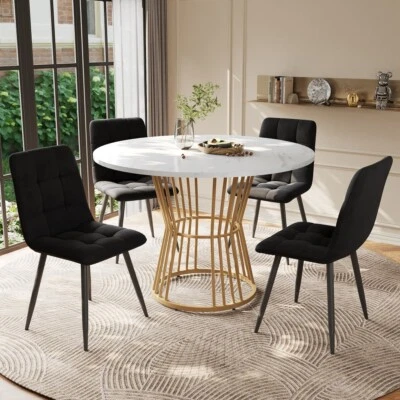 Round Dining Table & Chairs Set Marble Effect Kitchen Table with 4 Chairs Black - Image 1 of 4