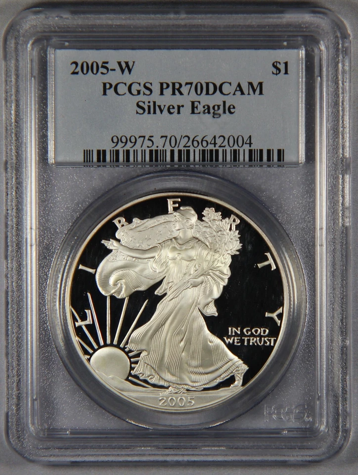 2005-W Silver Eagle Dollar PCGS PR70 DCAM Proof $1 - Image 1 of 3