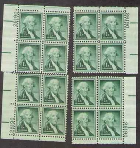 US. 1031. 1c. George Washington. 4 Matched Position PB4 #26190. MNH. 1956-1 - Picture 1 of 2