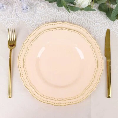 10 Round 9" Disposable Plastic DINNER PLATES Gold Scalloped Trim Party Events - Image 1 of 4