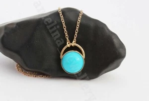 Solitaire Pendant 3 Ct Round Cut Simulated Blue Turquoise 14K Yellow Gold Plated - Picture 1 of 9