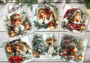 6 Vintage Watercolour Style Snowy Christmas Angels Card Toppers Decorations - Picture 1 of 2