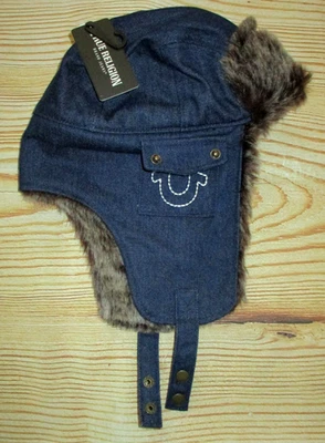 PARA HOMBRES TRUE RELIGION DENIM FORRADO DE PIEL SINTÉTICA SOMBRERO TRAMPERO GORRA Foto 1 de 2