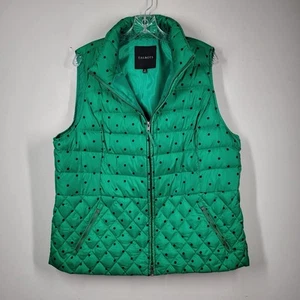 TALBOTS Green Polka Dot Quilted Down Puffer Vest Full Zip Front Pockets Sz XL - Picture 1 of 7