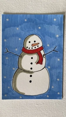 Оригинальный акриловый маркер и ручка ACEO Snowman от Heather Lehto 2,5 x 3,5 дюйма - Изображение 1 из 2