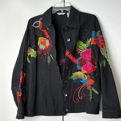 Laura Ashley 夹克女式小号刺绣花卉黑色牛仔艺术穿 — 第 1/4 张图片