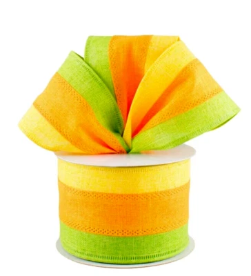 Summer Easter Wide Stripe 2.5" by 5 yd Wired Ribbon Lime Orange Yellow Lemon - Image 1 of 4