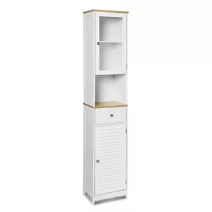 Slim Bathroom Cabinet Glass Door Storage Shelves Tall Cupboard Laundry Pantry - Picture 1 of 12