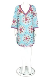 BODEN Kaleidoscope Blue Kaftan Dress 100% Cotton Button V-Neck Trim sz 18 /867 - Picture 1 of 7